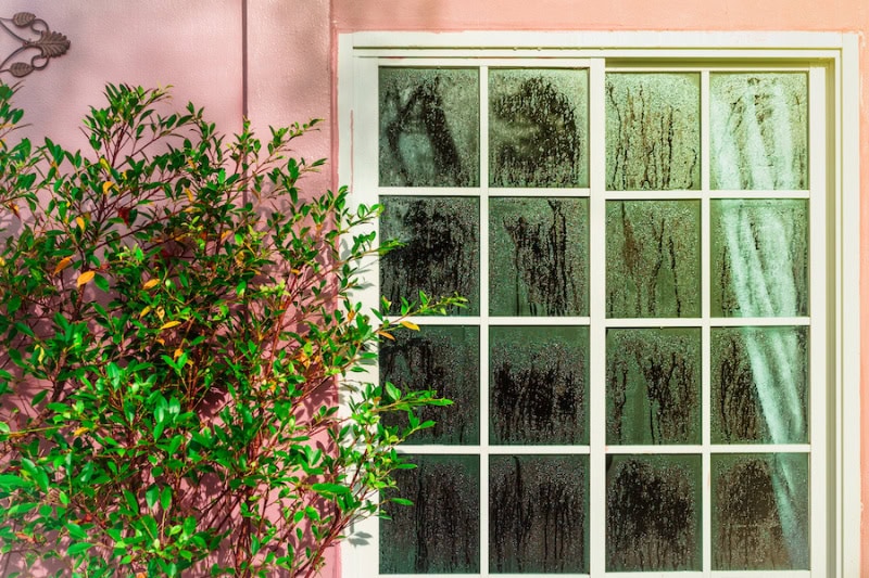 Don't Let Your Home Sweat It Out: A Florida Guide to Humidity Control. Glass door with condensation and a tree, high humidity. Texture of water on a glass. Phenomenon of nature and exterior concept.